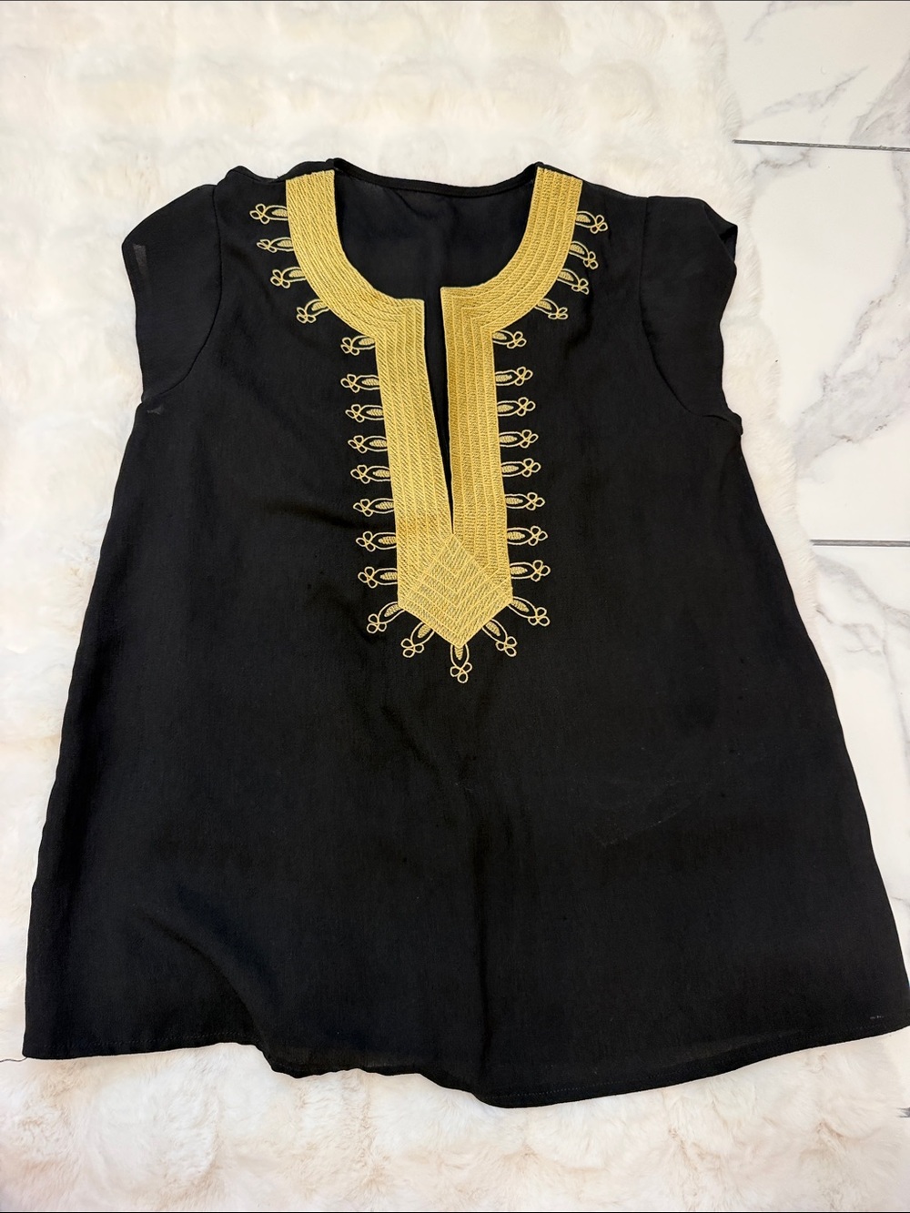 Black Tank Top with Gold Embroidered Yoke